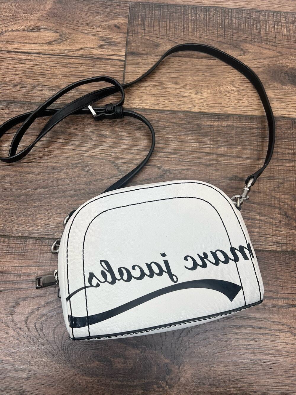 MARC JACOBS Saffiano Leather With Black Graphic Print Logo Cream Crossbody Bag
